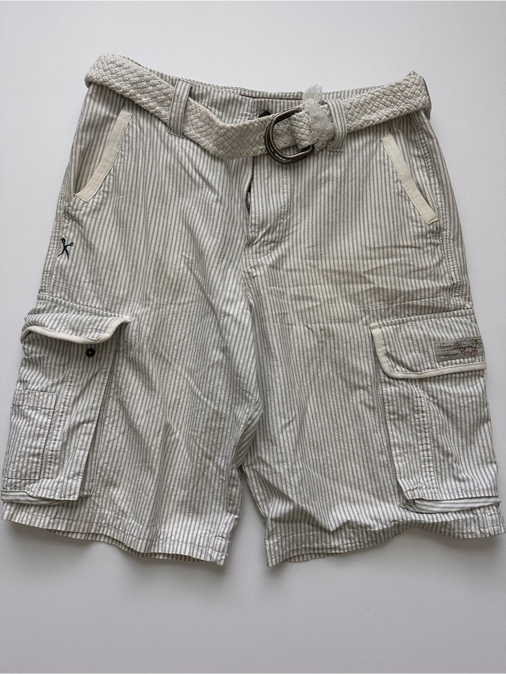 Marc Ecko Cream Pinstripe Cargo Shorts with Woven Belt